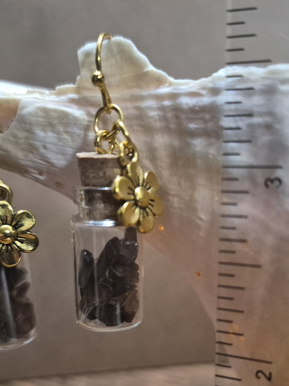 Gold Flower Vial Drop Earrings with Black Accents